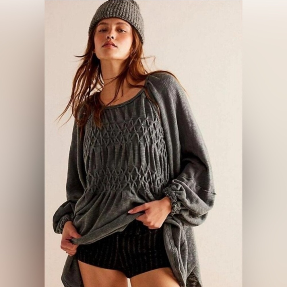 Free People We the Free Snowbell Babydoll Oversized Sweater Tunic in Steel Blue